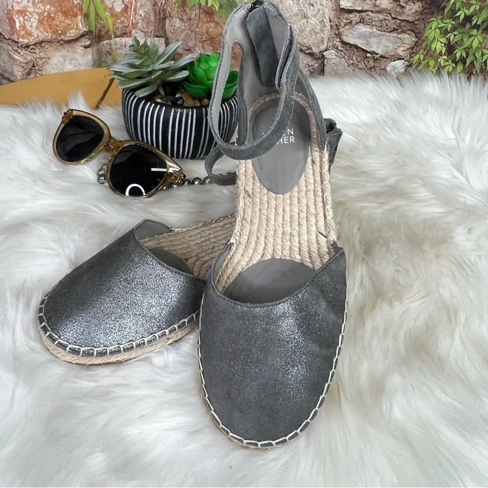 EILEEN FISHER Coastal Luxury Nubuck Gray Ankle-Strap Espadrilles, 7.5